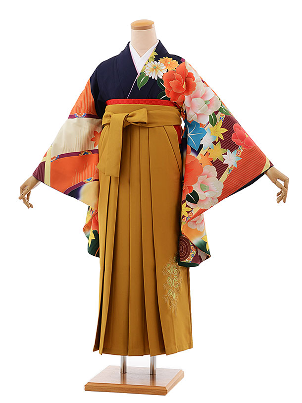 卒業式袴レンタルh376紺地八重椿xからし色袴 | 着物レンタルの京都かしいしょう