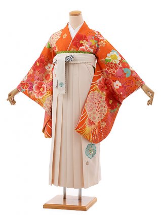 卒業式袴レンタルh410ｵﾚﾝｼﾞ花づくし×ｸﾘｰﾑ袴