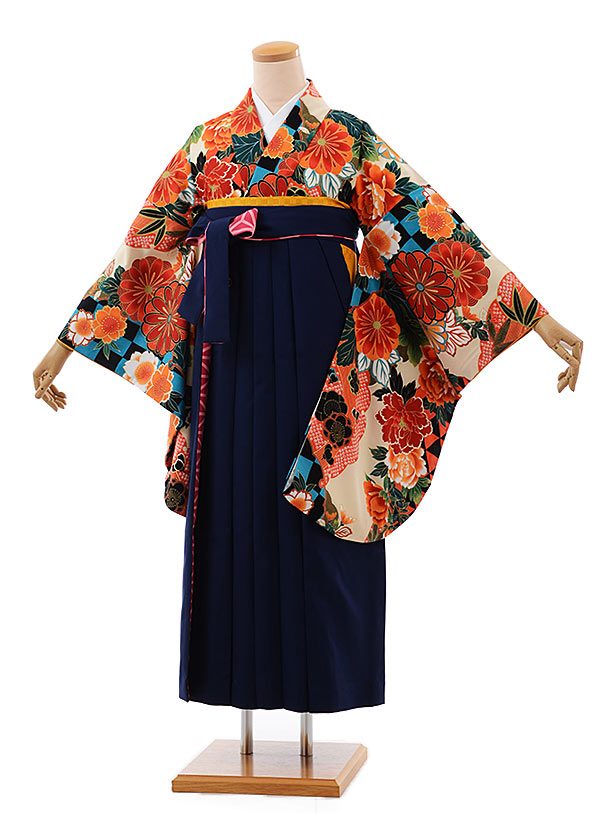 卒業式袴レンタルh563ﾓﾀﾞﾝｱﾝﾃﾅﾍﾞｰｼﾞｭ小花×紺袴 | 着物レンタルの京都 