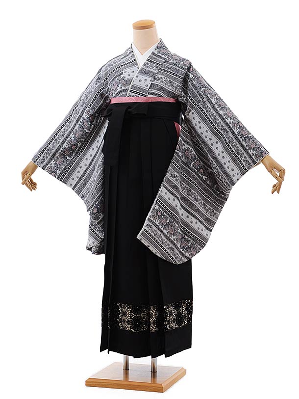 卒業式袴レンタルh442ﾗﾌｨﾈﾓｶｺﾞﾌﾞﾗﾝ黒白×黒レース袴 | 着物レンタルの