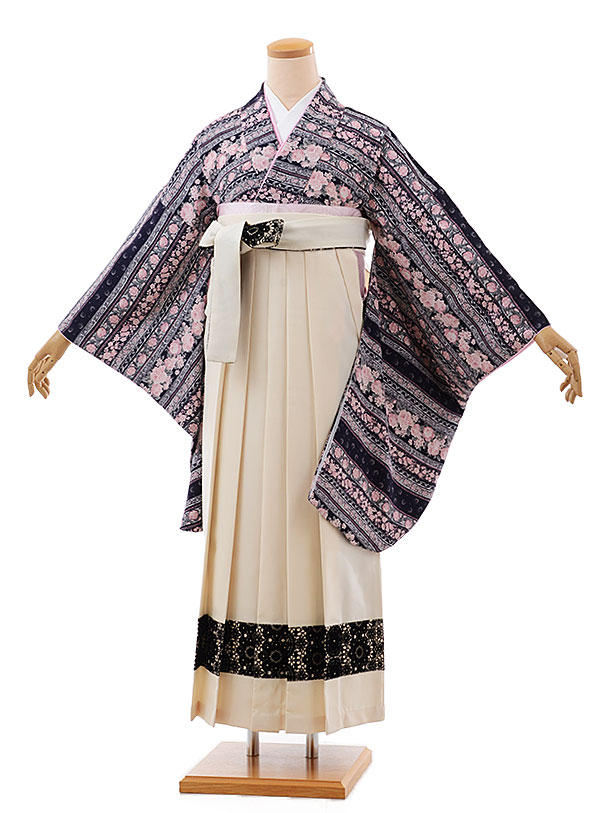 卒業式袴レンタルh447ﾗﾌｨﾈﾓｶｺﾞﾌﾞﾗﾝ紺ﾋﾟﾝｸ×ﾚｰｽ入り袴 | 着物レンタルの 