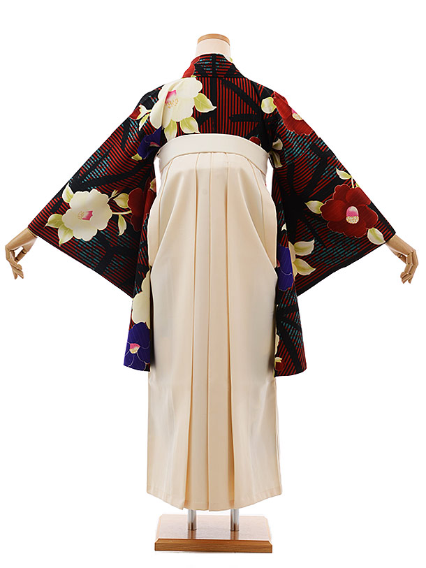 卒業式袴レンタルh554JAPANSTYLE黒赤ｽﾄﾗｲﾌﾟ椿×白袴 | 着物レンタルの京都かしいしょう