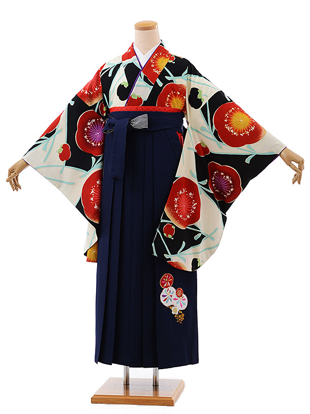 卒業式袴レンタルh596紅一点黒白梅×紺袴