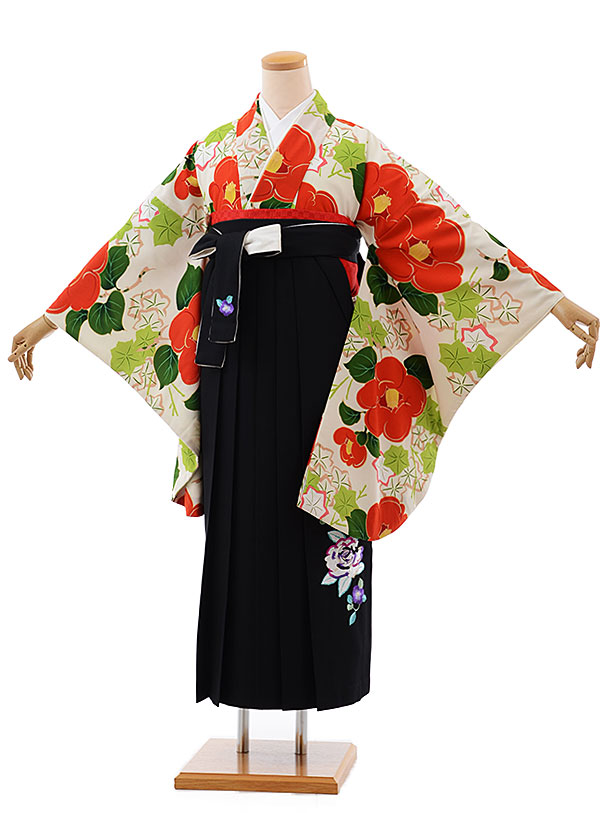 卒業式袴レンタルh612紅一点ｸﾘｰﾑ昭和椿×黒袴