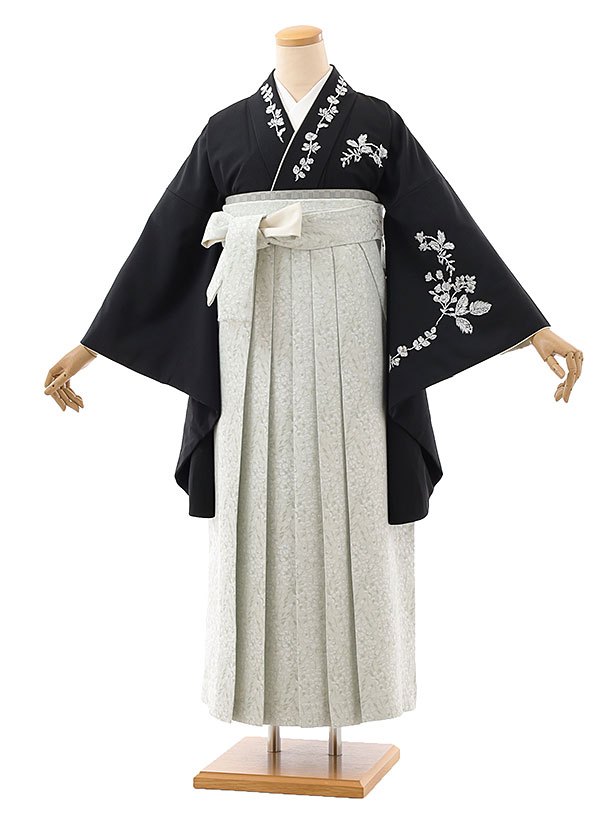 卒業袴h791  KamiShibai 黒レース刺繍×薄グリーンジャガード袴