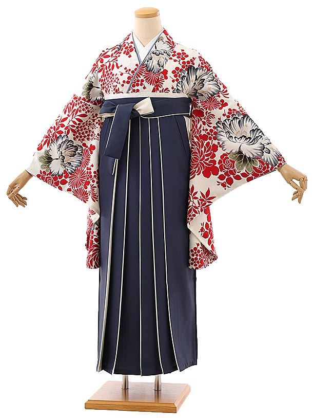 卒業袴h899 NATURAL BEAUTY 白赤牡丹x紺袴 | 着物レンタルの京都かしい 