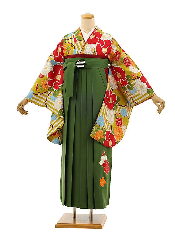 卒業袴レンタルh1112 からしストライプ椿×グリーン袴