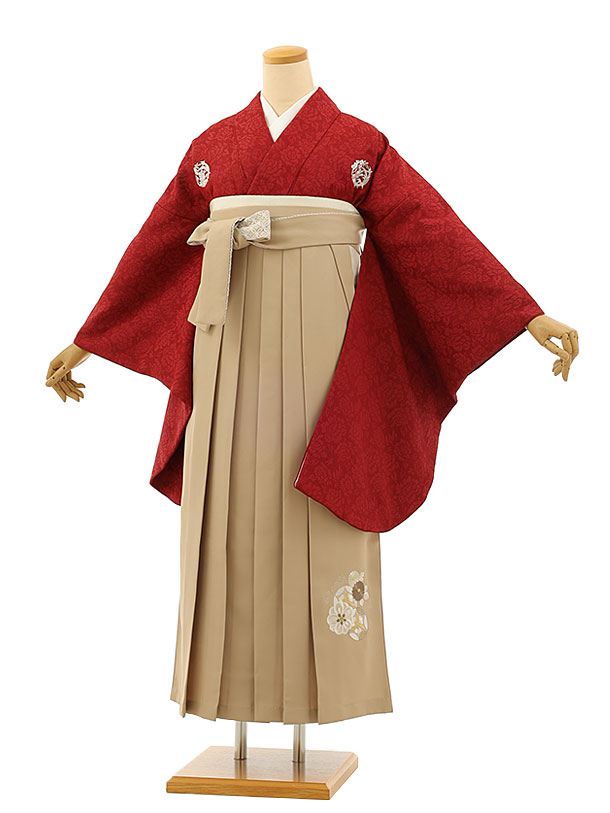 卒業袴レンタルh1151 赤地刺繍花紋×ベージュ袴 | 着物レンタルの京都