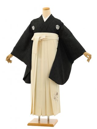 卒業袴レンタルh1152 黒地刺繍花紋×アイボリー袴