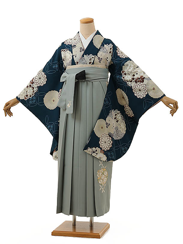 卒業袴1250 Kansai 丸花に七宝青緑xグレー | 着物レンタルの京都かしい 