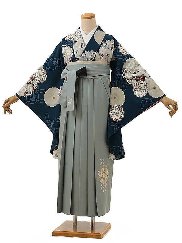 卒業袴1251 Kansai 丸花に七宝青緑xグレー | 着物レンタルの京都かしい 
