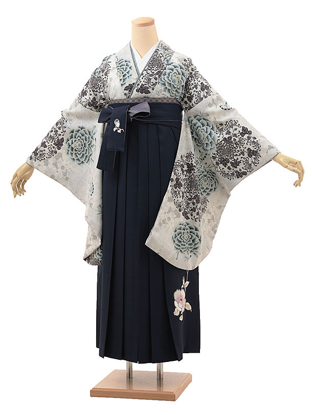 卒業袴1779　そしてゆめ 東洋牡丹(灰青)×椿刺繍(紺)