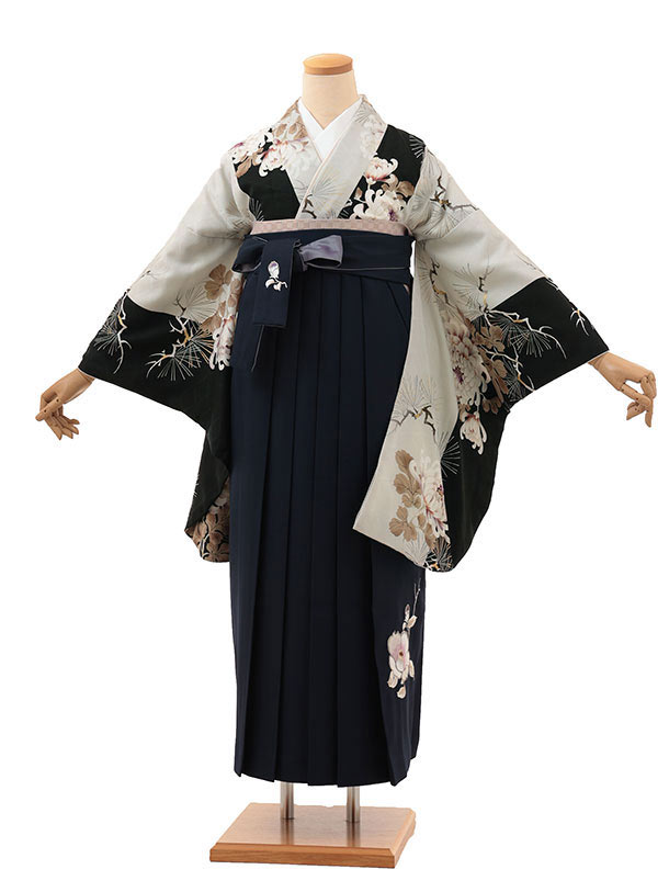 卒業袴1781　そしてゆめ 昼夜菊松(黒)×椿刺繍(紺)