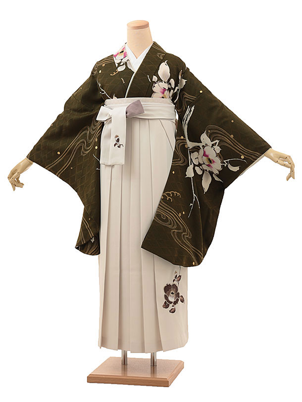 卒業袴1783　そしてゆめ 流水椿(苔色)×椿刺繍(白)