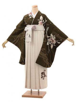 卒業袴1784 そしてゆめ 流水椿(苔色)×椿刺繍(白)