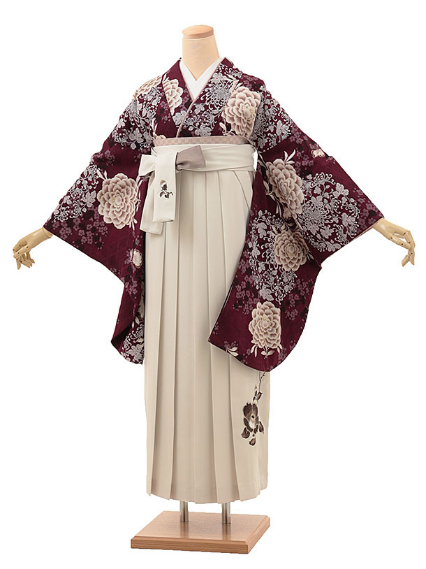 卒業袴1787　そしてゆめ 東洋牡丹(葡萄色)×椿刺繍(白)
