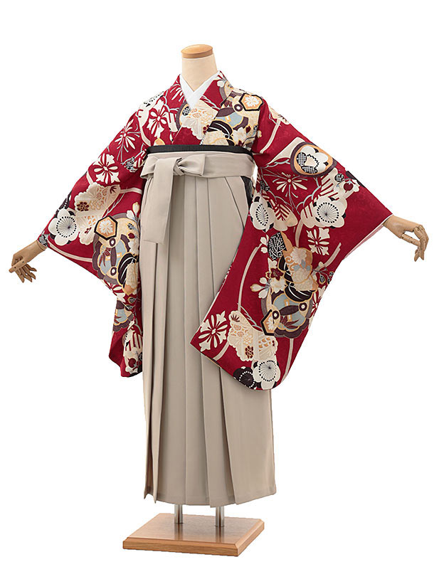 卒業袴レンタルh1151 赤地刺繍花紋×ベージュ袴 | 着物レンタルの京都