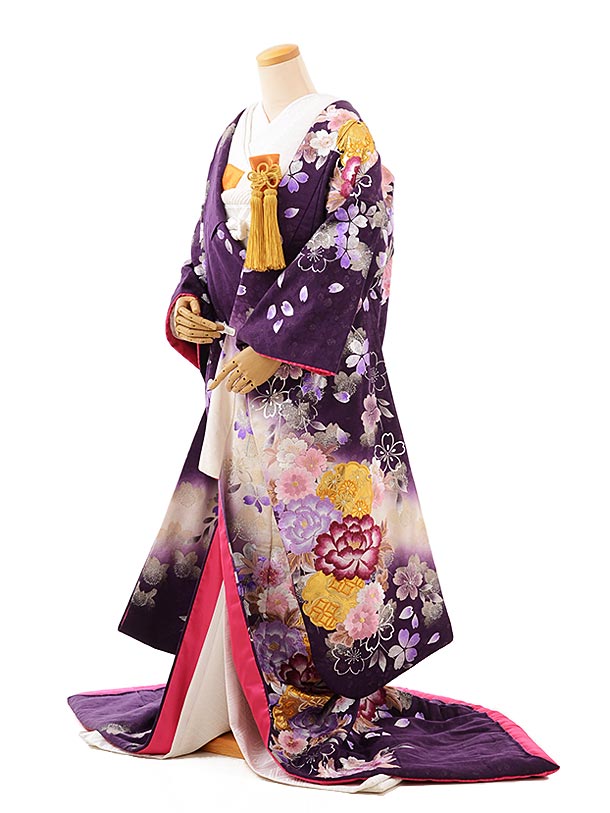 色打掛ﾚﾝﾀﾙ240富貴牡丹桜に雪輪模様紫地 | 着物レンタルの京都かしいしょう
