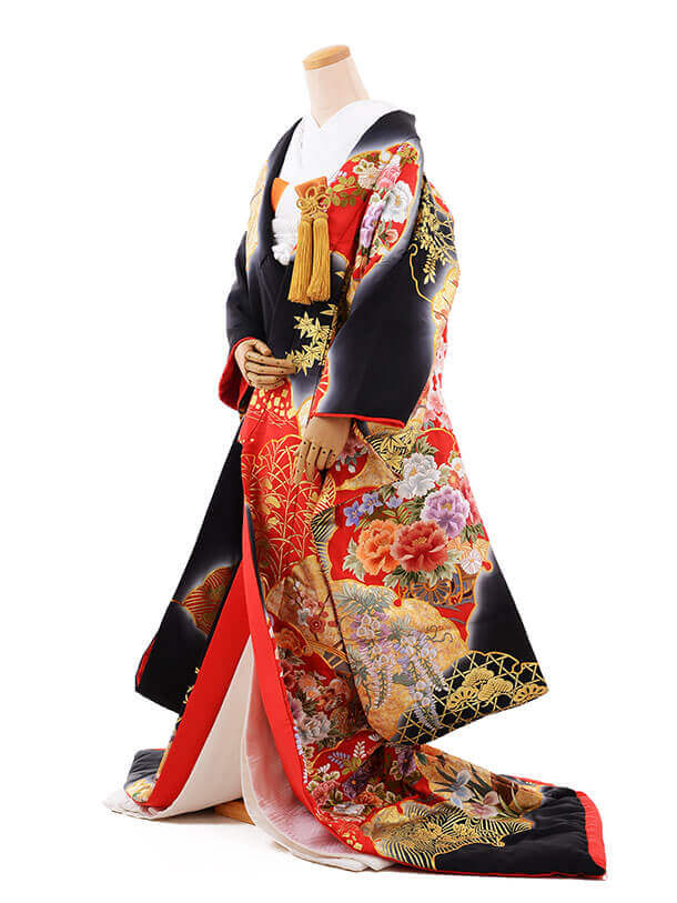 色打掛ﾚﾝﾀﾙ254黒赤 刺繍 四季花 | 着物レンタルの京都かしいしょう