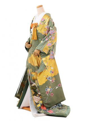 色打掛ﾚﾝﾀﾙE185 ｸﾞﾘｰﾝ地 桜 おしどり | 着物レンタルの京都かしいしょう
