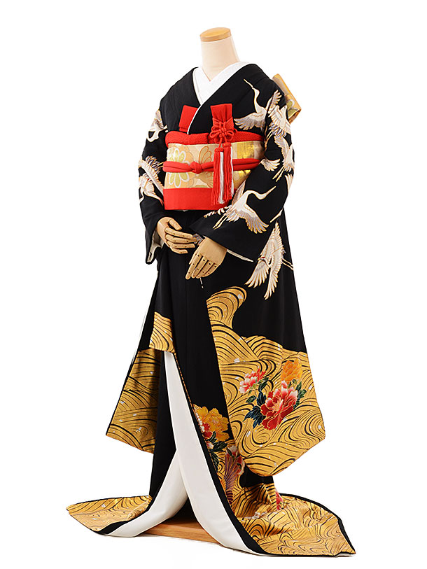 黒引振袖ﾚﾝﾀﾙ 358黒地飛鶴 | 着物レンタルの京都かしいしょう