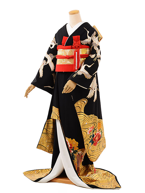 黒引振袖ﾚﾝﾀﾙ 358黒地飛鶴 | 着物レンタルの京都かしいしょう
