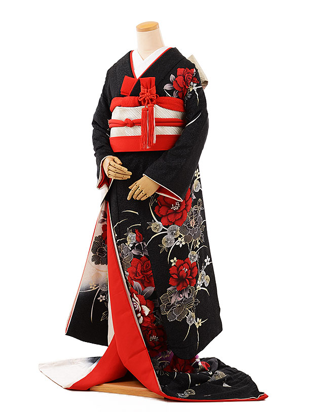 黒引振袖ﾚﾝﾀﾙ 363u黒地赤ﾊﾞﾗ | 着物レンタルの京都かしいしょう