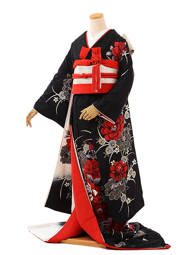 黒引振袖ﾚﾝﾀﾙ 363u黒地赤ﾊﾞﾗ | 着物レンタルの京都かしいしょう
