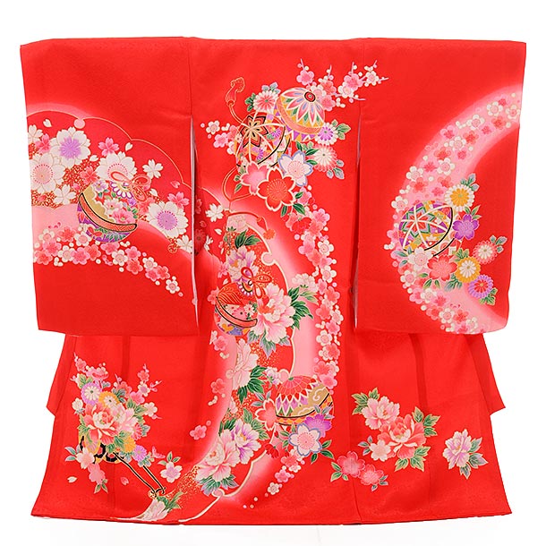 女児産着 お宮参り レンタル 1319 赤地 花にまり | 着物レンタルの京都