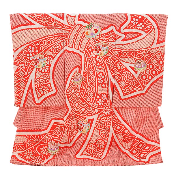 女児産着 お宮参りレンタル1719 高級正絹 赤地 絞り 束ねのし 着物レンタルの京都かしいしょう