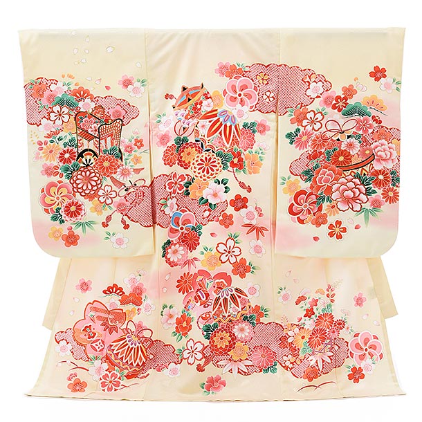 夏用 女児産着 お宮参りレンタル1804 単衣 うすベージュ地花模様 着物レンタルの京都かしいしょう