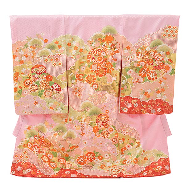 高級正絹産着レンタル 女の子 お宮参り 正絹 1596 ピンク 絞り桜 鞠刺繍 着物レンタルの京都かしいしょう