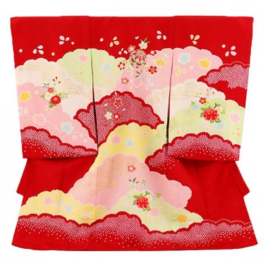 女児産着 お宮参りレンタル1875 正絹  赤地雲取り 刺繍マリ 桜