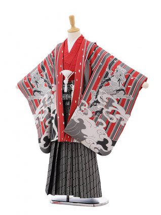 七五三レンタル(7歳男の子袴)0816 おりびと 赤ｽﾄﾗｲﾌﾟ 波に龍×黒袴