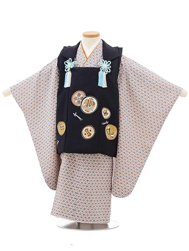 七五三レンタル(3歳男児被布)正絹2398黒丸紋×うすﾊﾟｰﾌﾟﾙ変わり市松 | 着物レンタルの京都かしいしょう