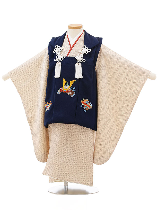 七五三レンタル(3歳男児被布)正絹2411紺刺繍かぶと×茶色疋田柄 | 着物レンタルの京都かしいしょう