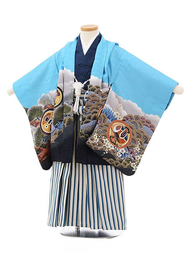 七五三レンタル(3歳男袴)2461水色地松富士に鷹×グリーン縞袴