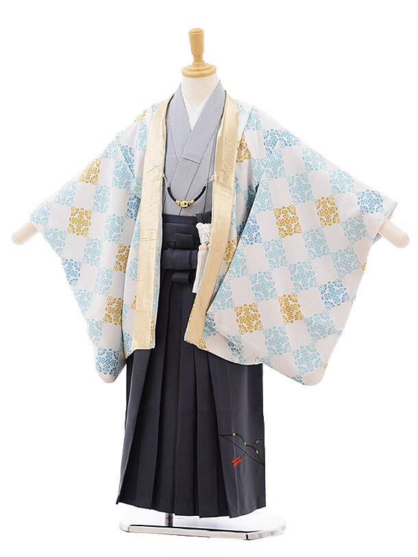 七五三レンタル(5男袴)5342 白黒 ﾄﾞｯﾄ×濃茶袴 | 着物レンタルの京都 