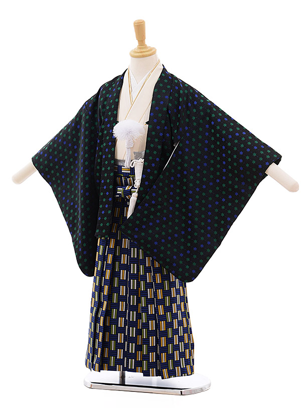 七五三レンタル(5歳男袴)5366 おりびと 黒地 ｸﾞﾘｰﾝｽﾀｰ×ﾌﾞﾙｰ袴 | 着物レンタルの京都かしいしょう
