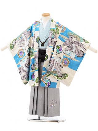 七五三レンタル(5歳男の子袴)5581水色市松に鷹×グレー刺繍袴