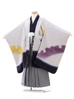 七五三レンタル(5歳男袴)(高級正絹)5814うすグレー地雪輪ぼかしx紺縞袴
