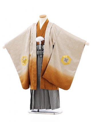 七五三レンタル(5歳男袴)(高級正絹)5817金茶ぼかし刺繍亀甲x黒白縞袴