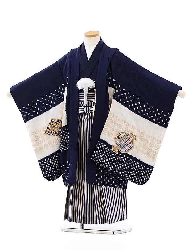七五三レンタル(5歳男袴)(高級正絹)5824紺白刺繍兜x紺ゴールド縞袴