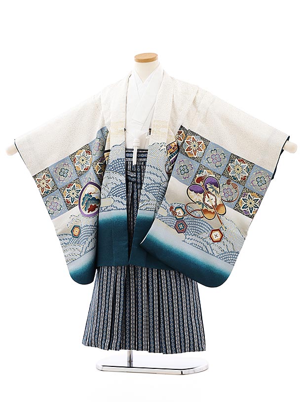かんたん七五三レンタル(5歳男袴)5840白地ラメ裾緑xブルーシルバー縞袴