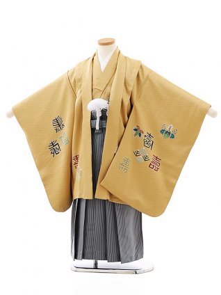 七五三レンタル(5歳男袴)(高級正絹)5863からし色福寿に兜x紺縞袴