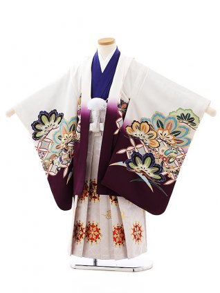 七五三レンタル(5歳男袴)5871白地裾紫かぶとx白赤袴