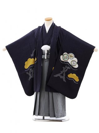 七五三レンタル(5歳男袴)5892(高級正絹)紺地松に丸紋x紺細縞袴