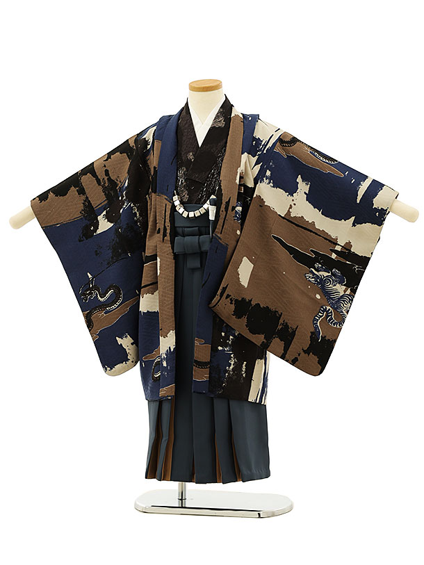 七五三(5男袴)5565 紺 ｵﾚﾝｼﾞ ﾄﾞｯﾄ×茶色袴 | 着物レンタルの京都かしい 