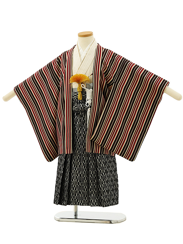 七五三レンタル(3歳,4歳男袴)F575茶エンジストライプx黒シルバー袴