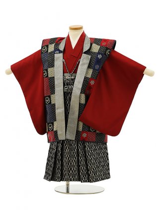 七五三レンタル(3歳,4歳男袴)F588紺赤陣羽織x黒シルバー袴